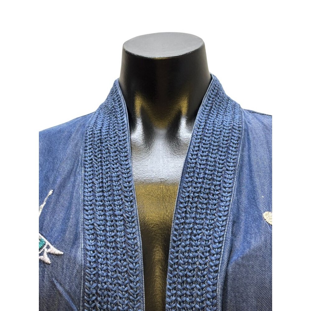 NWT Johnny Was Embroidered Denim-Style Open Cardigan M/L Blue Floral - Picture 5 of 7
